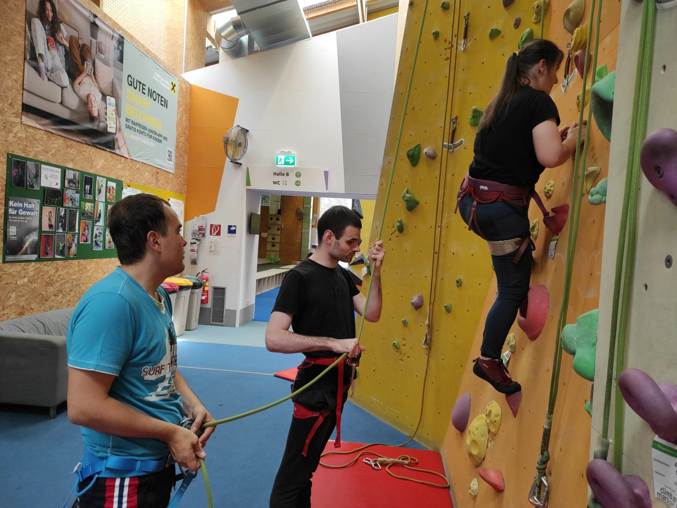 Eine Person mit langen Haaren klettert einen halben Meter über dem Boden auf einer indoor Kletterwand. Sie wird von zwei Personen mit kurzen Haaren mit einem Kletterseil gesichert. Alle tragen Klettergurte. Die Kletterwand ist gelb und hat viel bunte Griffe. Mehrere Kletterseile mit Karabinern an den Enden hängen von der Kletterwand. Im Hintergrund ist eine Lüftungsanlage an der Hallendecke sichtbar.