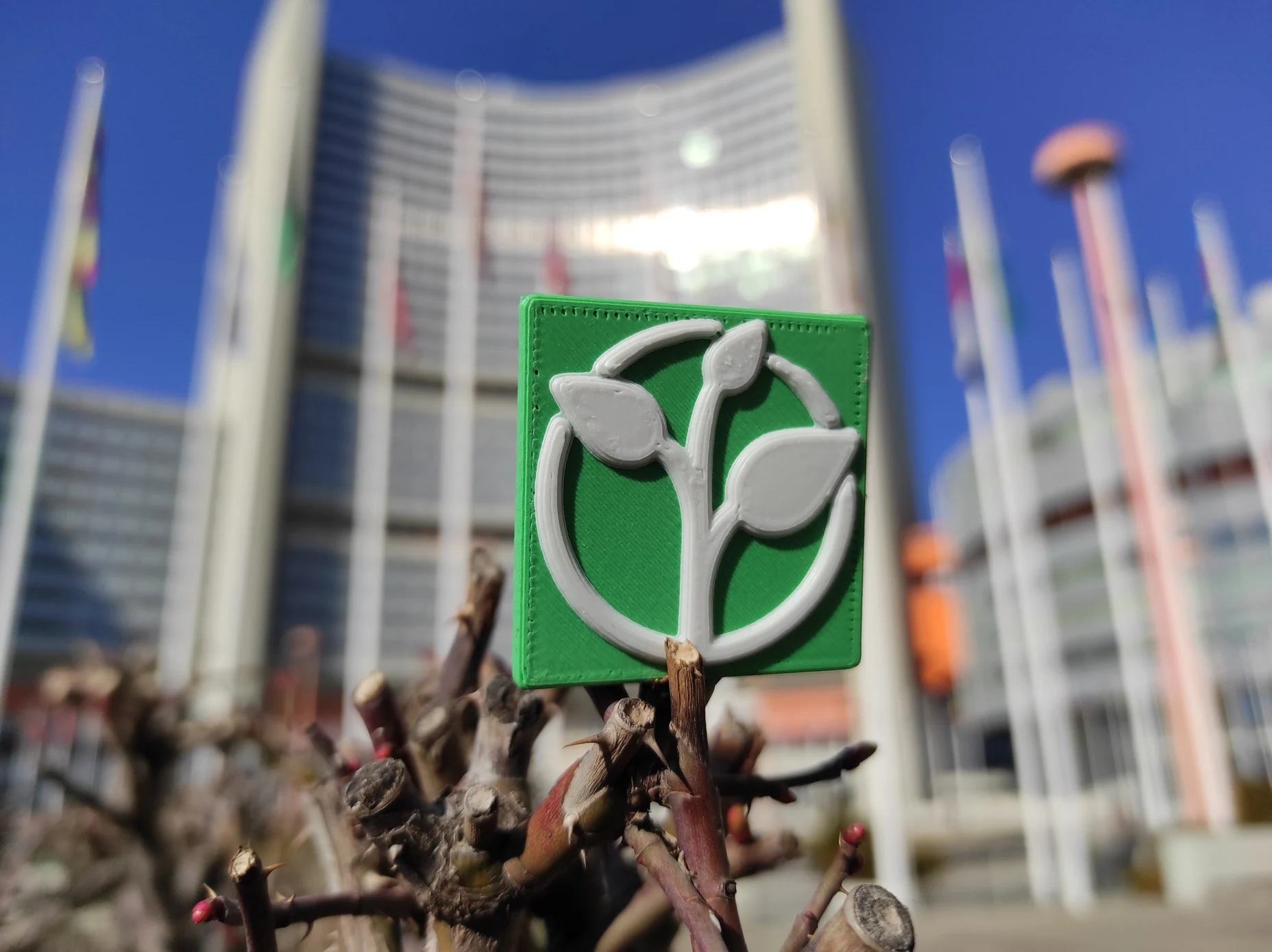 Ein 3D-gedruckte, taktiles Schild mit dem Logo des ZeroProjects vor den Gebäuden der vereinten Nationen in Wien. Das Logo besteht aus einer Pflanze mit Stamm und drei Blättern in einem Kreis. Das Logo ist weiße auf grünem Grund. Im Hintergrund befindet sich ein Hochhauskomplex mit reflektierenden Fenstern, davor stehen Flaggenmasten und dahinter befindet sich der blaue Himmel.